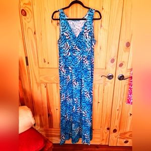 St. John's Bay Stretch Knit Casual Blue Tones V Neck Wrap Front Size PL EUC